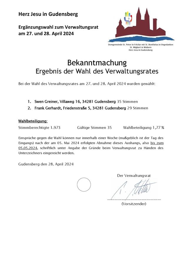 Ergebnis Ergänzungswahl zum Verwaltungsrat Fritzlar 2024